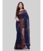 DESH BIDESH Women`s Bengal Cotton Silk Pure Handloom Cotton Saree Kohinoor Work With Blouse Piece(Dark Blue)